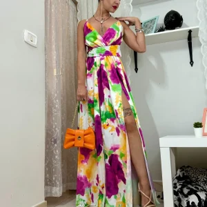 Abito lungo multicolore con doppio spacco frontale e fusciacca